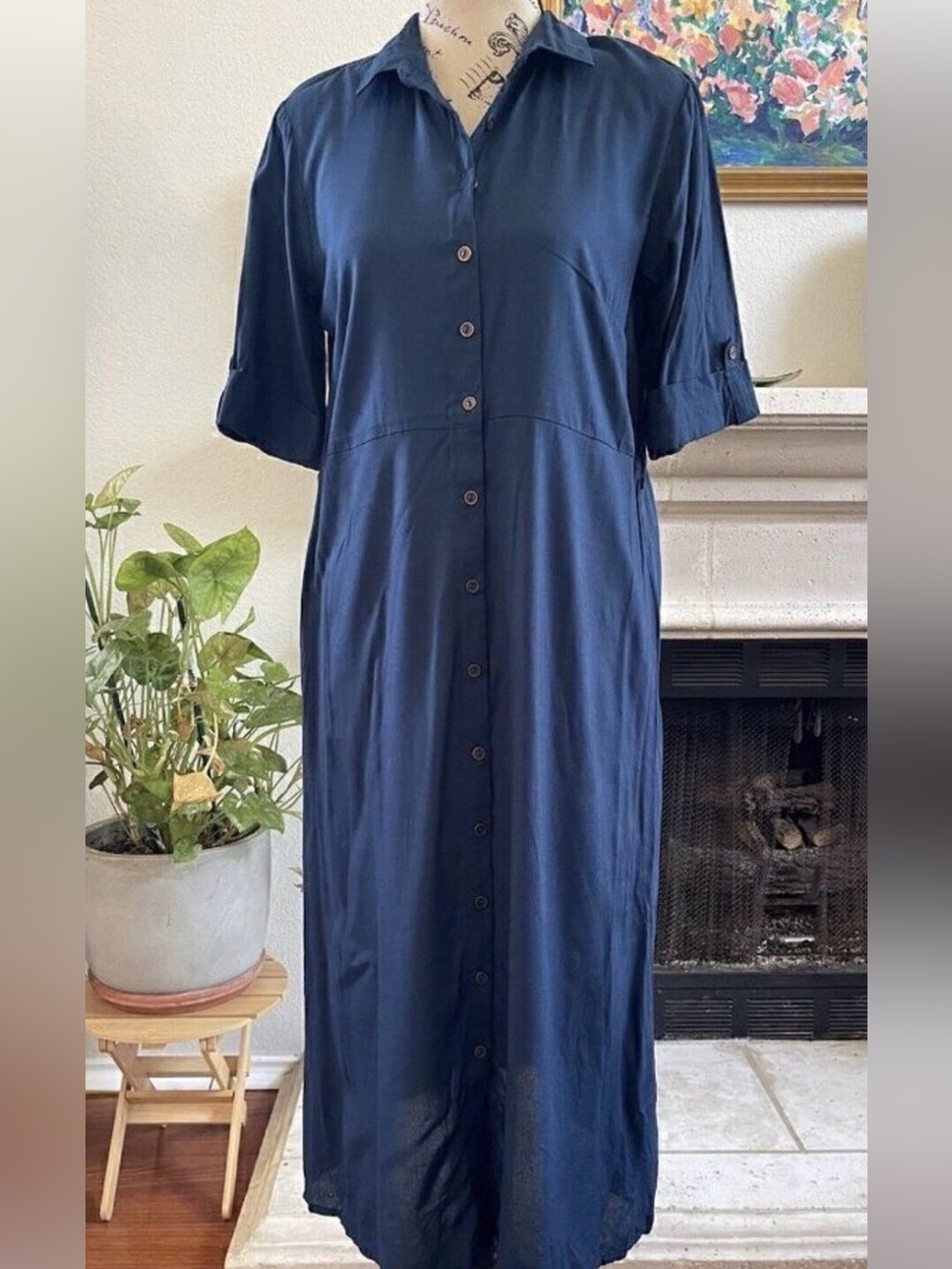 FIG Navy Blue Button Down Maxi Shirt Dress Size S NWT